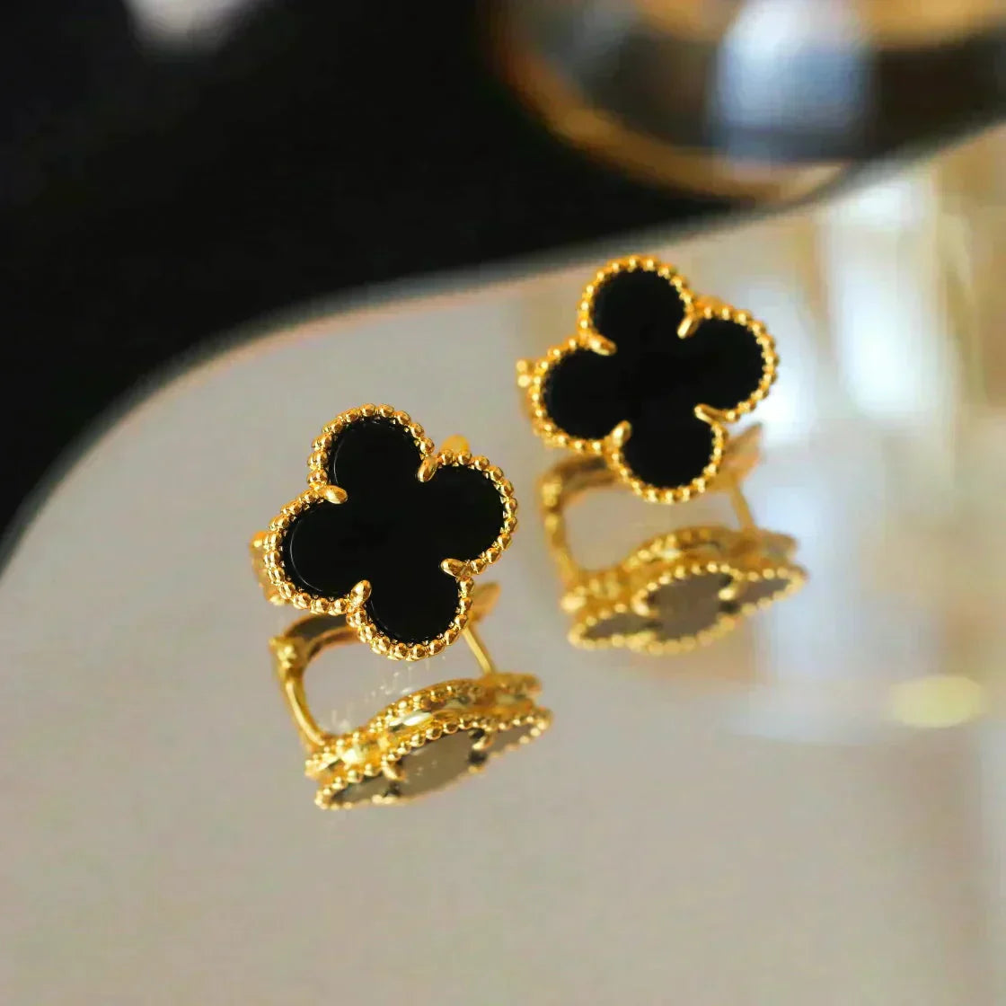 [Shinejoy]Boucles d'oreilles clous en onyx à motif trèfle moyen (1 motif)