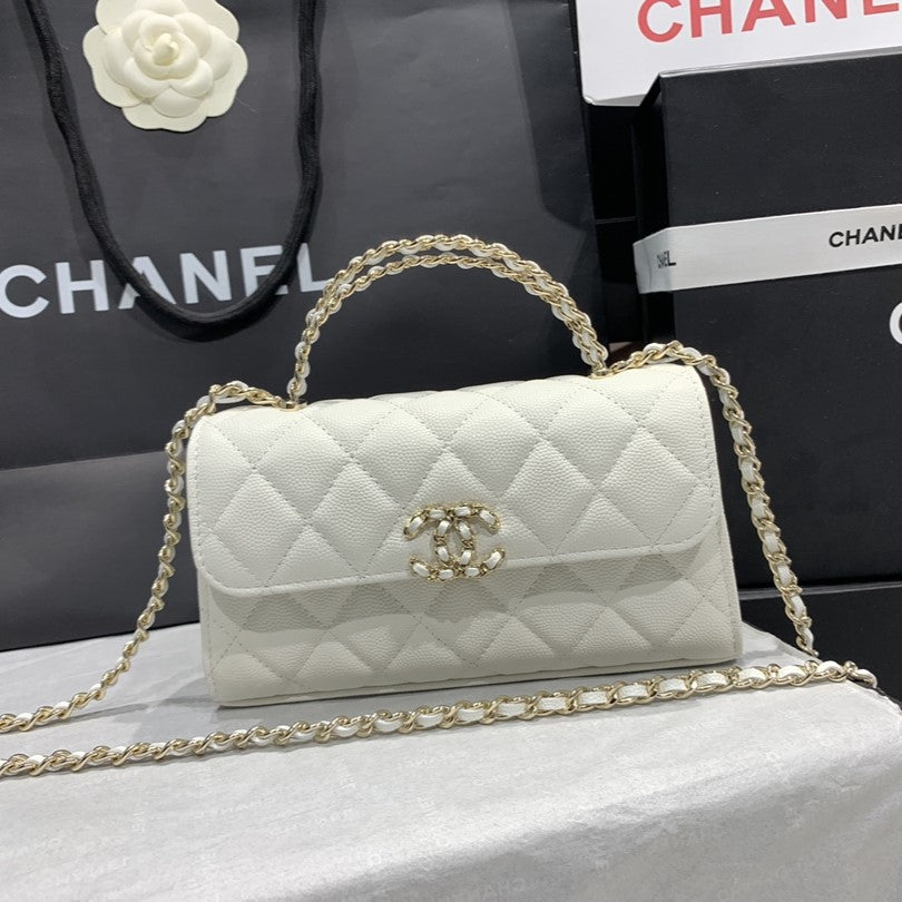 Sac à rabat 23P 19 cm Blanc Caviar Fermeture éclair dorée 
