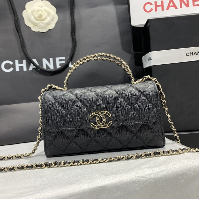 Sac à rabat 23P 19 cm Noir Caviar Fermeture dorée 