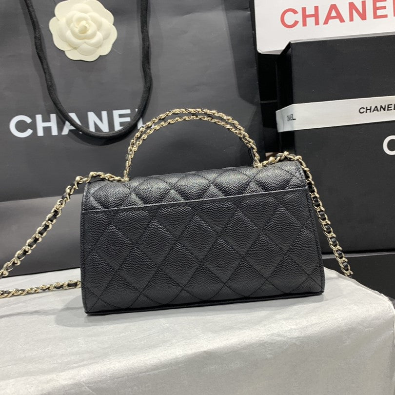 Sac à rabat 23P 19 cm Noir Caviar Fermeture dorée 