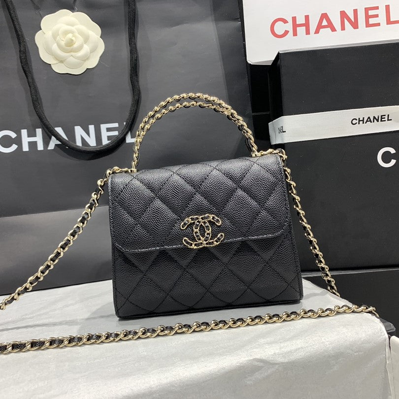 Sac à rabat 23P 15 cm Noir Caviar Fermeture dorée 