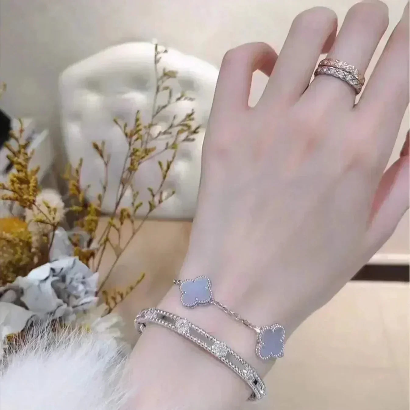 [⭐Shinejoy] クローバー 5モチーフ パープルカルセドニーブレスレットコレクション