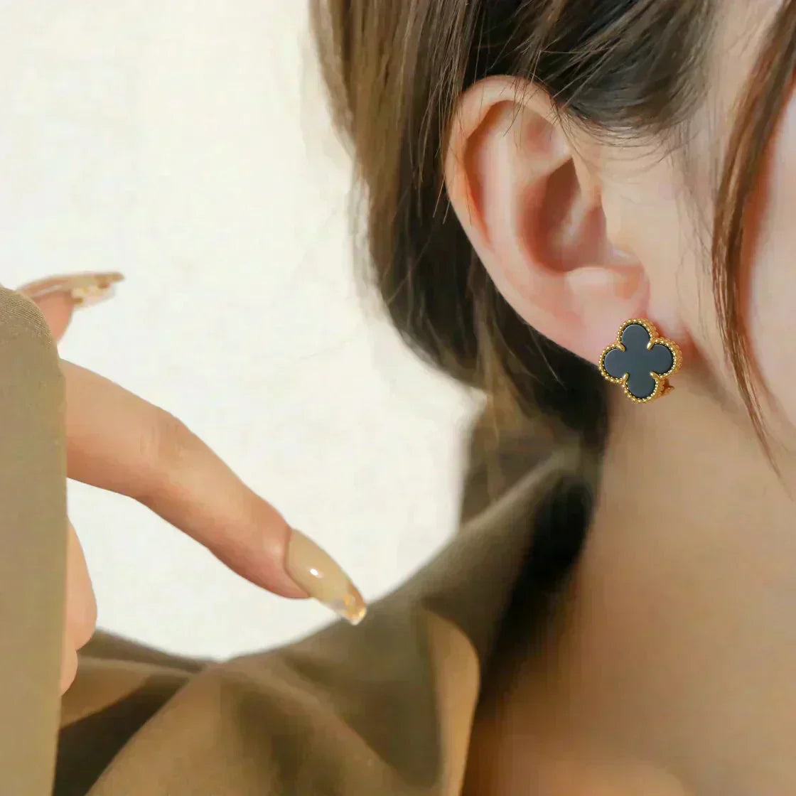 [Shinejoy]Boucles d'oreilles clous en onyx à motif trèfle moyen (1 motif)